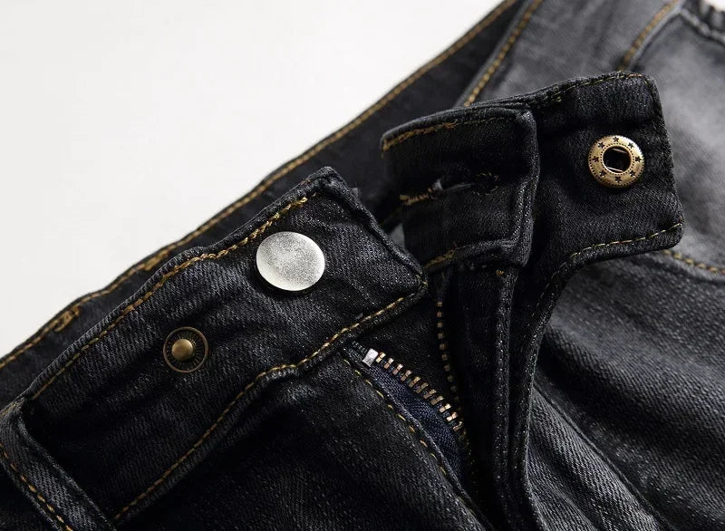 Calça Jeans Masculina Nova Casual Moto Hip Hop Rua Equitação Elástica Slim Reta Patchwork Moda Calças Jeans Masculinas