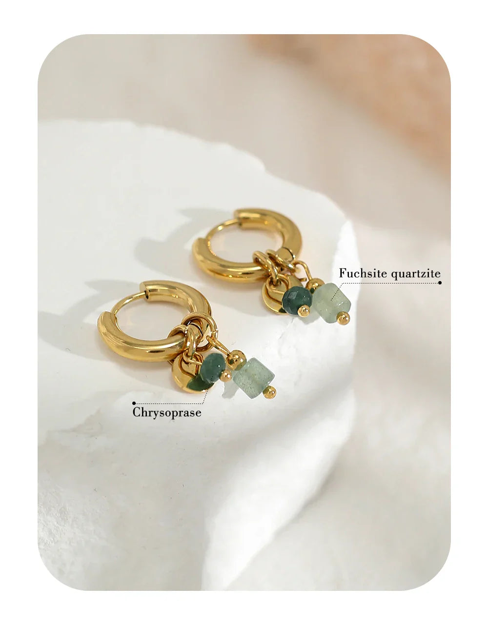 18K Gold Plated Stainless Steel Hoop Earrings for Women Vintage Green Natural Stone Charms Trendy Waterproof Jewelry