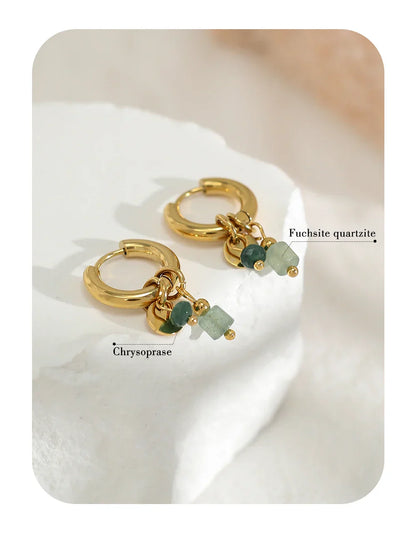 18K Gold Plated Stainless Steel Hoop Earrings for Women Vintage Green Natural Stone Charms Trendy Waterproof Jewelry