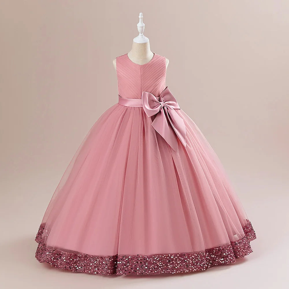 Teen Girls Luxury Big Bow Evening Gown Wedding Bridesmaid Party Dress For Girl Kids Sequin Princess Birthday Dresses Summer Wear