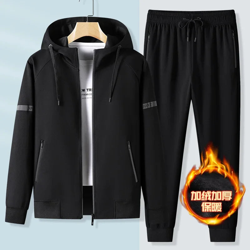 Thicker Fleece Jacket+Pants 2 Pieces Men Winter Tracksuit Sets Black Red Gray Sets Hoodies Casual Hooded Warm Sweatshirts+Pants