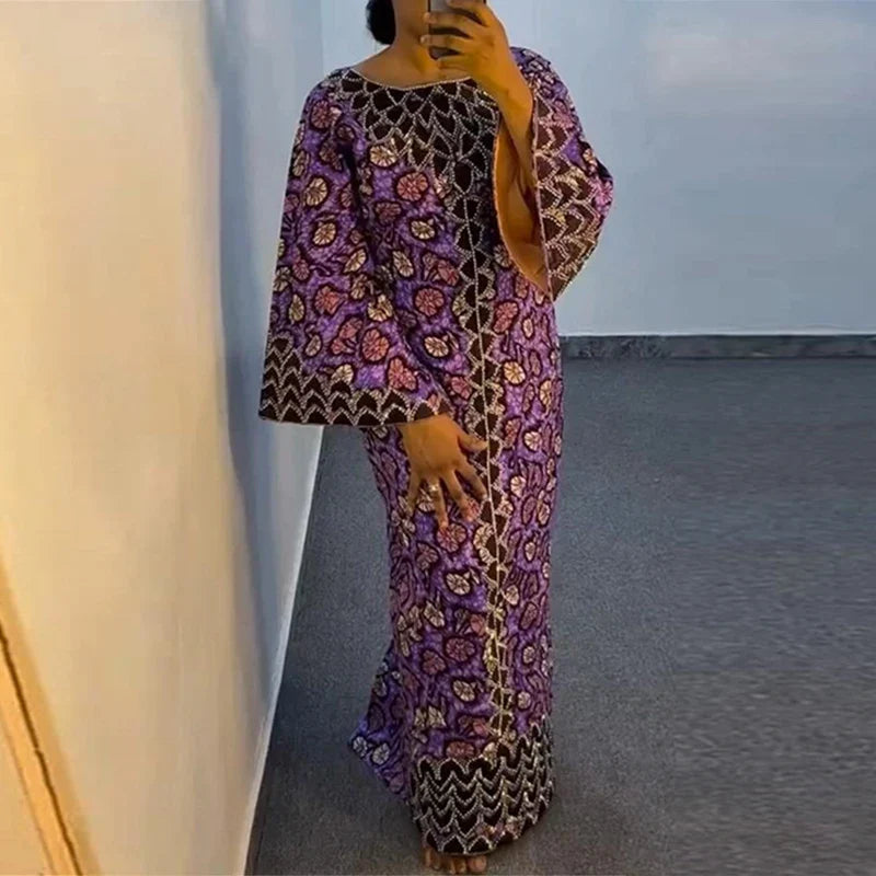Bohemian Party Dress Elegant Women Printing Sundress Vintage Flare Long Sleeve Maxi Vestidos Oversized O-Neck Robe Femme