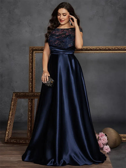 Plus Size O-neck Elegant Sequins Splicing Evening Dresses Luxury Sleeveless Satin Wedding Party Prom Cocktail Gowns