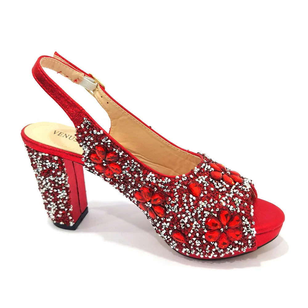 Sparkly Red Rhinestone Peep Toe Block Heels Matching Crystal Clutch Bag Women Wedding Evening Party Bridal Shoe and Bag Set