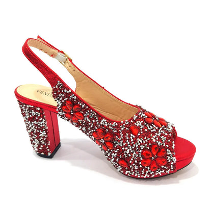 Sparkly Red Rhinestone Peep Toe Block Heels Matching Crystal Clutch Bag Women Wedding Evening Party Bridal Shoe and Bag Set