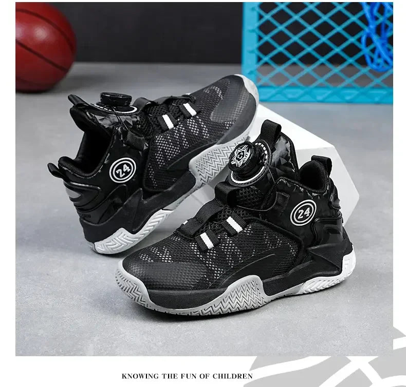 Boys Girls Quick Twist Lace Basketball Shoes Wear Resistant Comfortable Outdoor Athletic Footwear