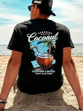2026 new Men's cotton T-shirt with beverage pattern - perfect for wearing on the beach in summer.
