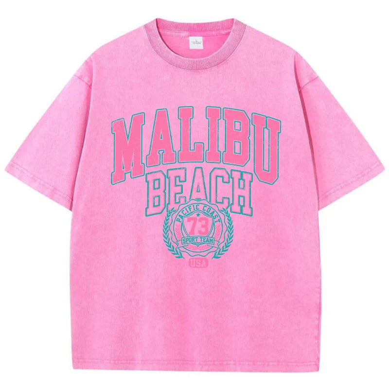 Beach Washed T-Shirt Women Letter Printing Cotton T Shirt Comfortable Crewneck Tops Casual Oversized Tees Female Clothes