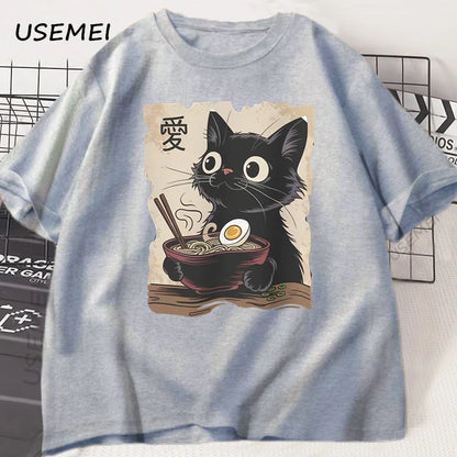 Funny Cat Ramen T-shirt Graphic Tee Japanese Kawaii Anime Cat Graphic T Shirts Men Women Casual Short Sleeve Cotton Tee Shirt