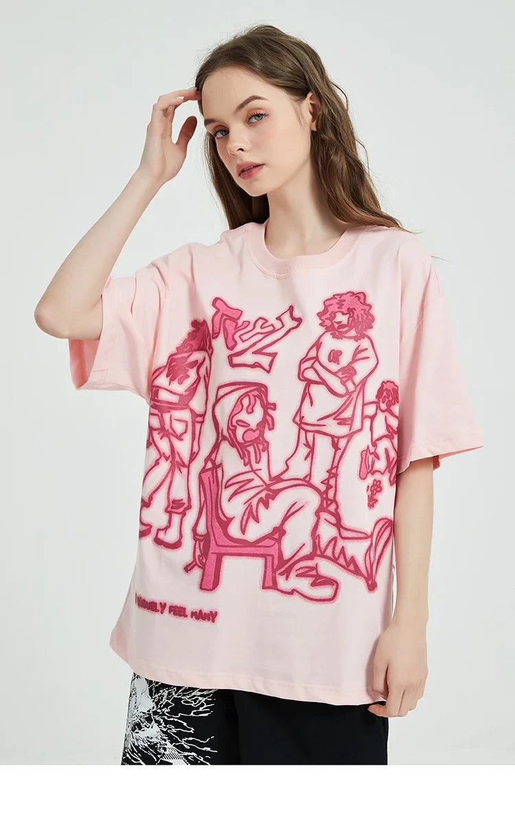 Harajuku Cartoon Girl Cat Japanese Kanji Graphic T Shirt Streetwear Men T-Shirt Summer Short Sleeve Tshirt Tops Tees Unisex