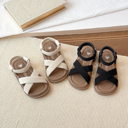 Summer Sandals for Girls Minimalist Elastic Band Stylish Kids Slippers Slip-on Plain-colored Cute Chic Children Shoes 21-35
