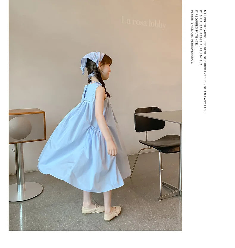Summer Junior Girl Sleeveless Dress Solid Side Big Pockets Blue Ruched Dress For 2-10Y Girls Casual Round Collar Baby Girl Dress