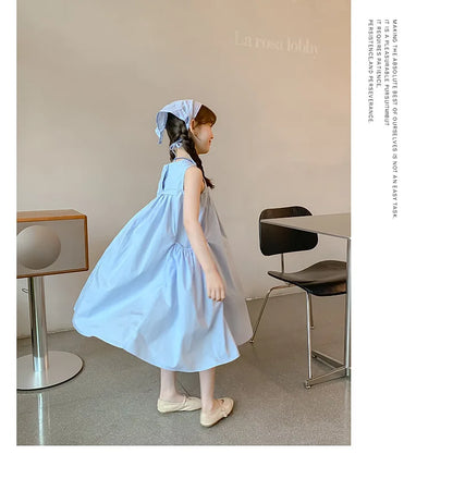 Summer Junior Girl Sleeveless Dress Solid Side Big Pockets Blue Ruched Dress For 2-10Y Girls Casual Round Collar Baby Girl Dress
