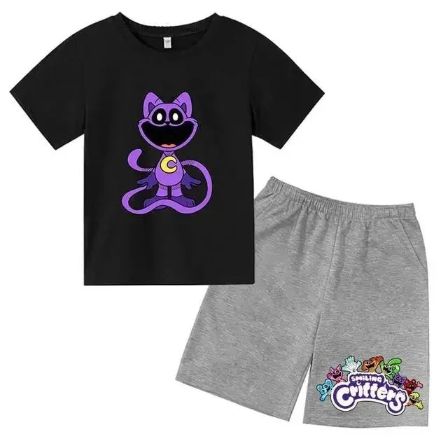 Smiling Critters Cartoon Print Kids Summer Cute 2pcs Soft T-shirts+Pants Suits 2-13Years Boys Girls Casual Sets Children Clothes