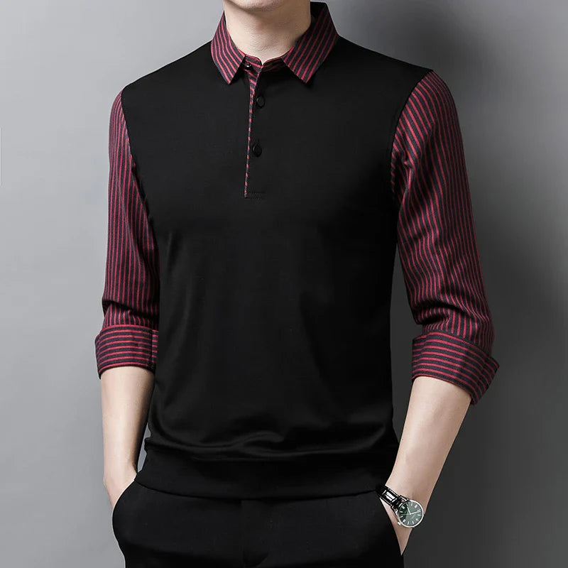 New Men's Casual and Fashionable Long Sleeved POLO Shirt with Contrasting Print Anti Wrinkle Top