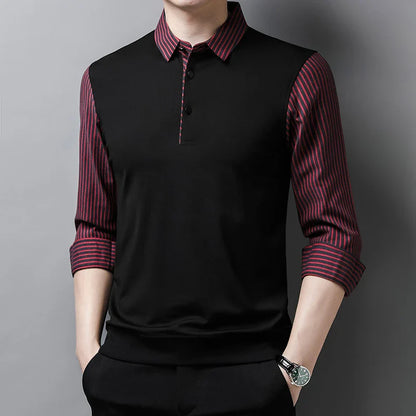 New Men's Casual and Fashionable Long Sleeved POLO Shirt with Contrasting Print Anti Wrinkle Top