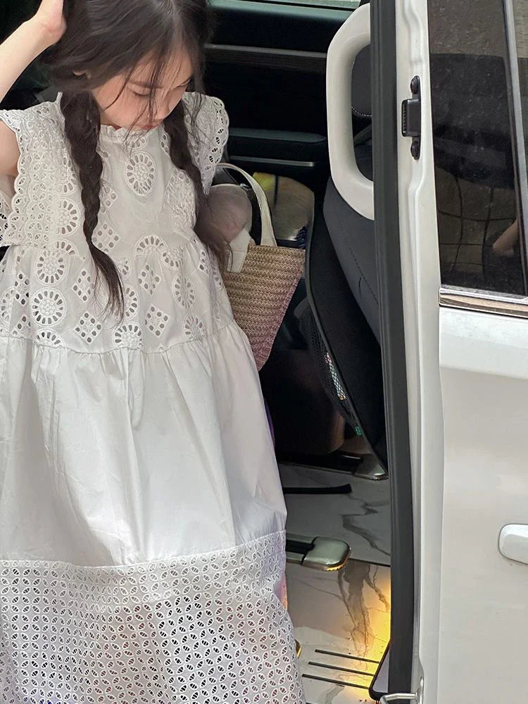 Cotton Medium To Large Children's Clothing Lace White Dress Girls' Princess Little Fresh Vest Dress 2025 Summer New Style