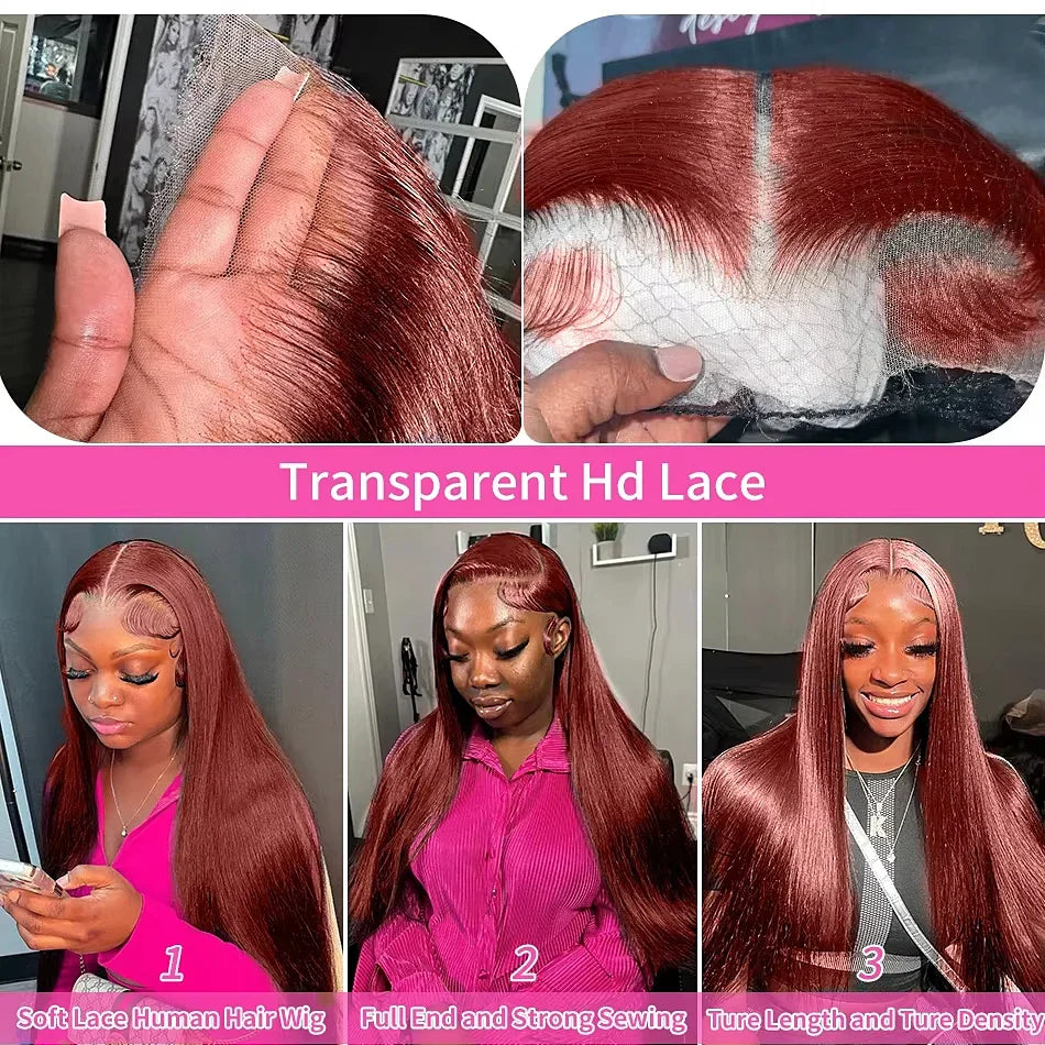 Reddish Brown Straight 13x4 HD Lace Front Human Hair Wigs Brazilian Remy Pre Plucked 30 inch Colored Lace Frontal Wig for Women