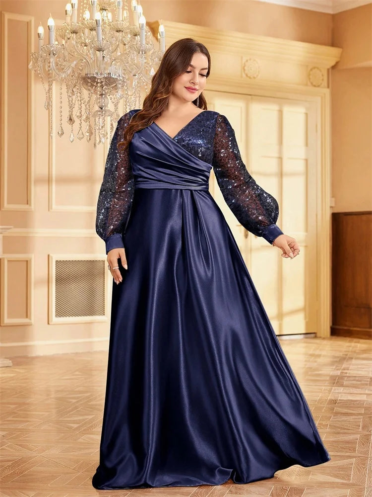 Plus Size Luxury Green V-Neck Sequin Evening Dress Elegant Women Party Maxi Dress Long Sleeve Cocktail Dress Graduation Prom
