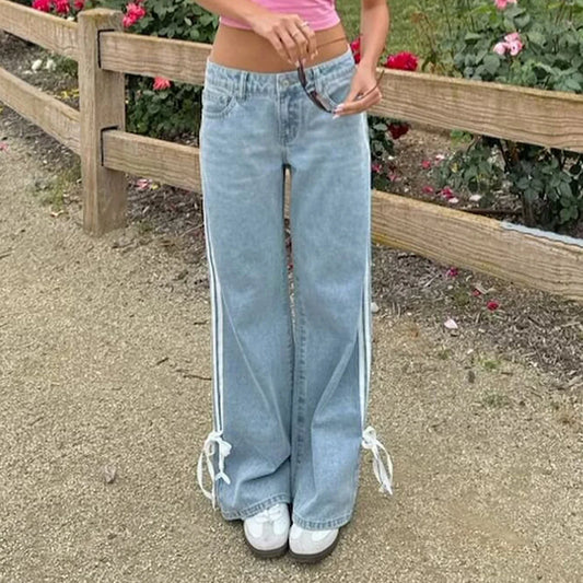 Y2k Side Striped Bow Tie Jeans Low Rise Baggy Straight Wide Leg Jeans