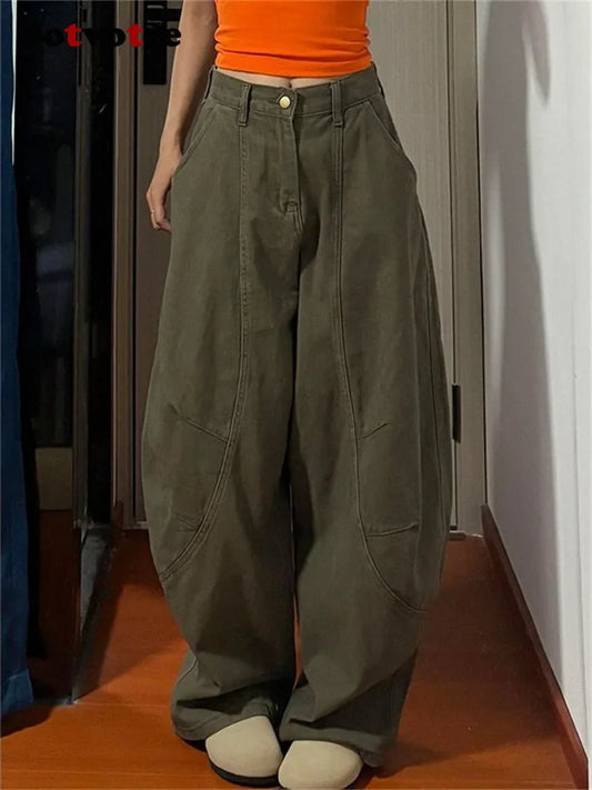 Army Green Baggye Jeans for Women High Waist Loose Vintage Y2k  Long Denim Pants Female Fashion Streetwear Washed Jeans