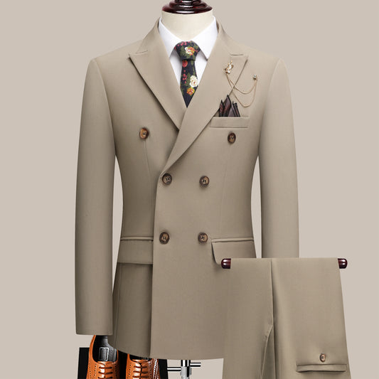 The latest men's solid color suit two-piece set with lapel collar and double breasted buttons for four seasons, men's business s