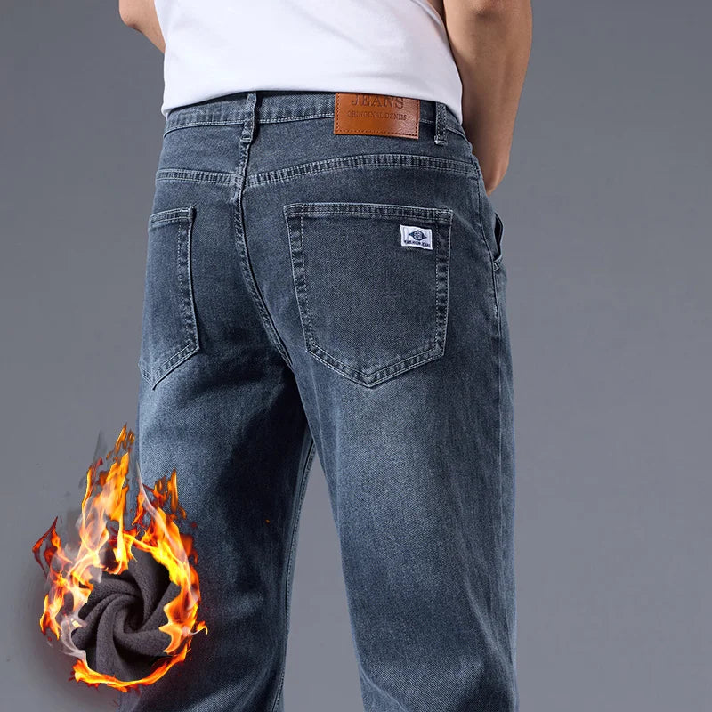 Men's Winter Warm Fleece Lined Thick Stretchable Business Casual Jeans Lightweight Trousers for Office And Daily Wear