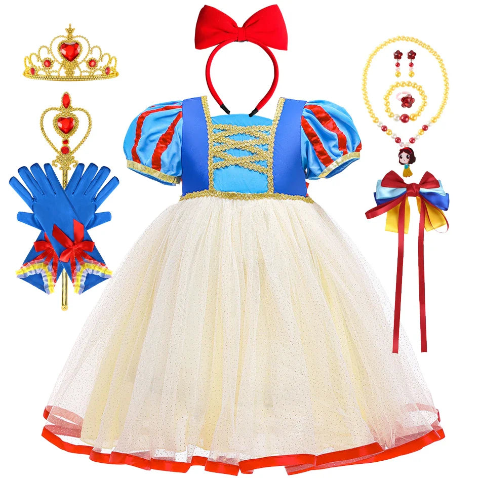 Summer Snow White Dress for Girls Breathable Puffed-Sleeve Tulle Princess Dress Snow White Themed Party Gown Halloween Costume