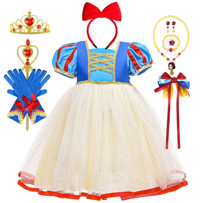 Summer Snow White Dress for Girls Breathable Puffed-Sleeve Tulle Princess Dress Snow White Themed Party Gown Halloween Costume