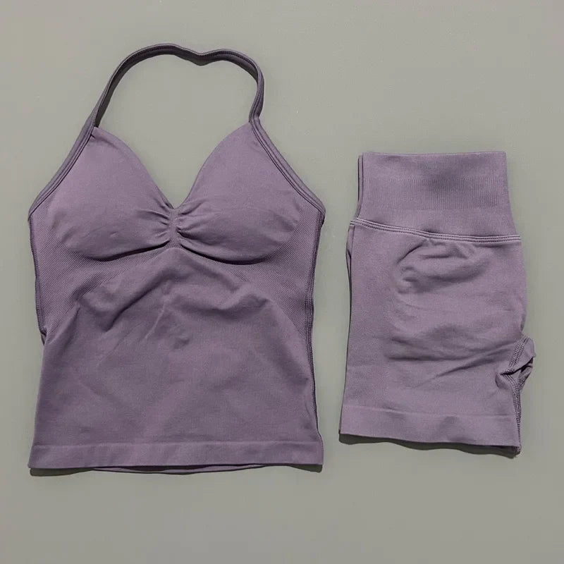 2 Piece Sports Set Women Seamless Yoga Tank With Removable Pads Top Scrunch Butt Workout Leggings Suit Gym Sports Sets