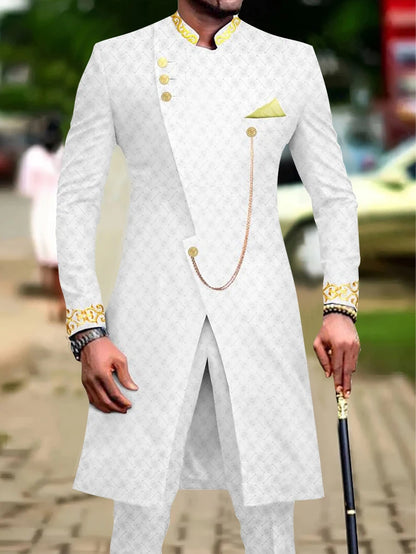Men's casual two-piece suit set with long sleeves, mid-length jacket and trousers.