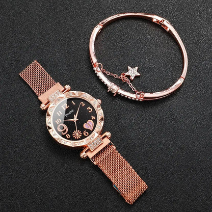 2PCS Fashion Women's Watches Set Magnet Buckle Mesh Strap Analog Quartz Watch Star Bracelet Set Reloj Mujer