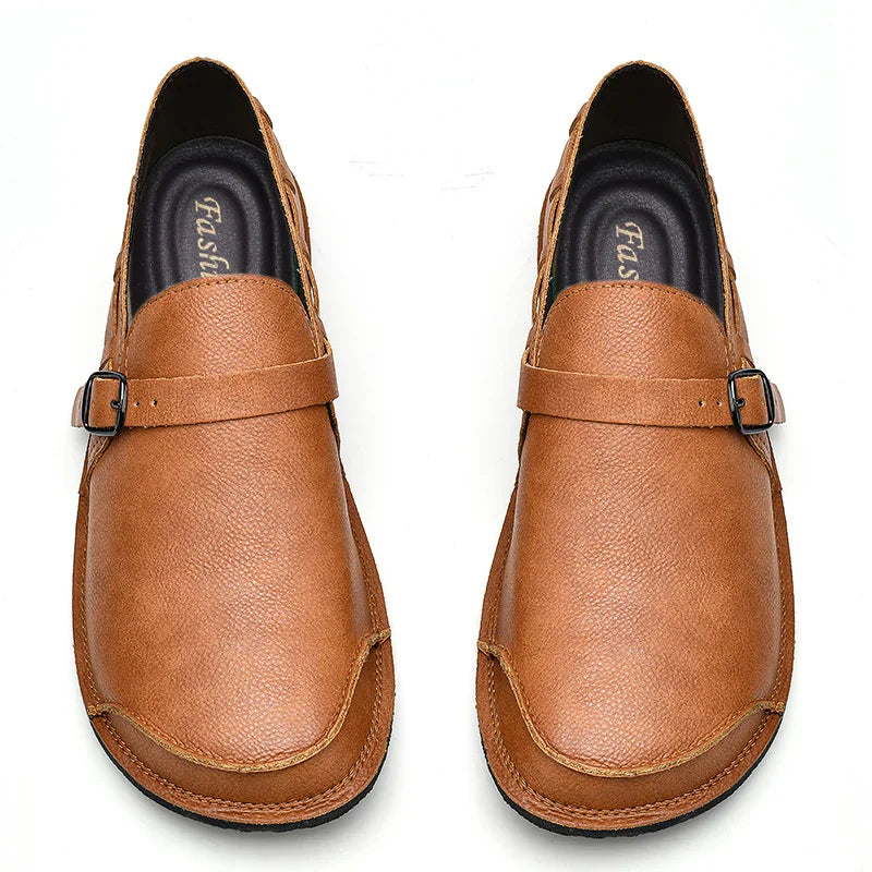 Sapatos Masculinos de Couro com Bico Largo e Sem Cadarço, Flats Casuais Minimalistas Antiderrapantes Primavera Verão Outono