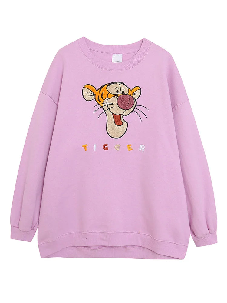 Embroidery Sweatshirt Women Casual Fleece Jumper Tigger Cheshire Cat Cartoon Loose Pullover Top O Neck