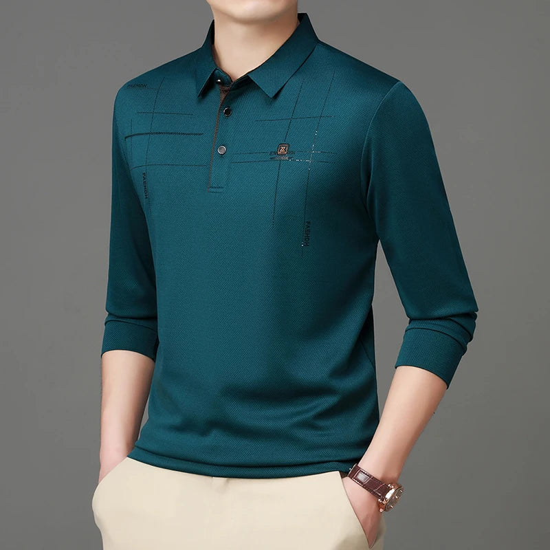 2025 Latest Autumn New Men's Long Sleeve Polo Shirt Middle Aged Business Comfortable Solid Color Men's Collar T-shirt