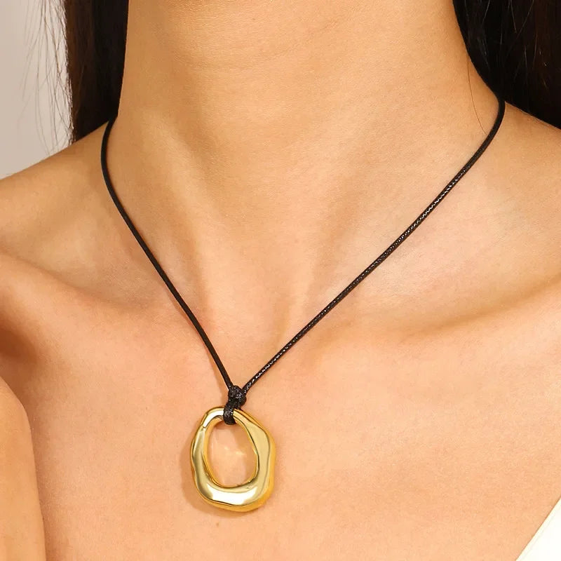 Vintage Irregular Punk Metal Bean Pendant Necklace for Women Adjustable Black Leather Rope Long Clavicle Chain Charm Jewerly