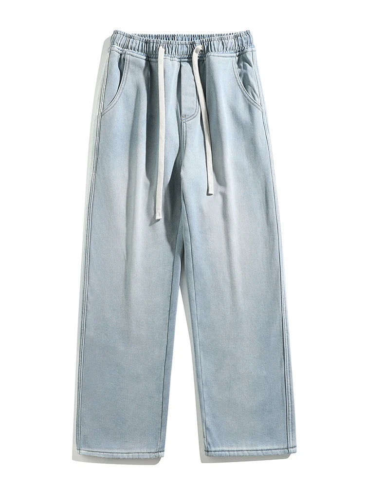 Calça Jeans Masculina de Inverno Coreana Forrada com Lã Grossa Quente Reta Denim Lavado Algodão Azul Retrô Larga Pantalona