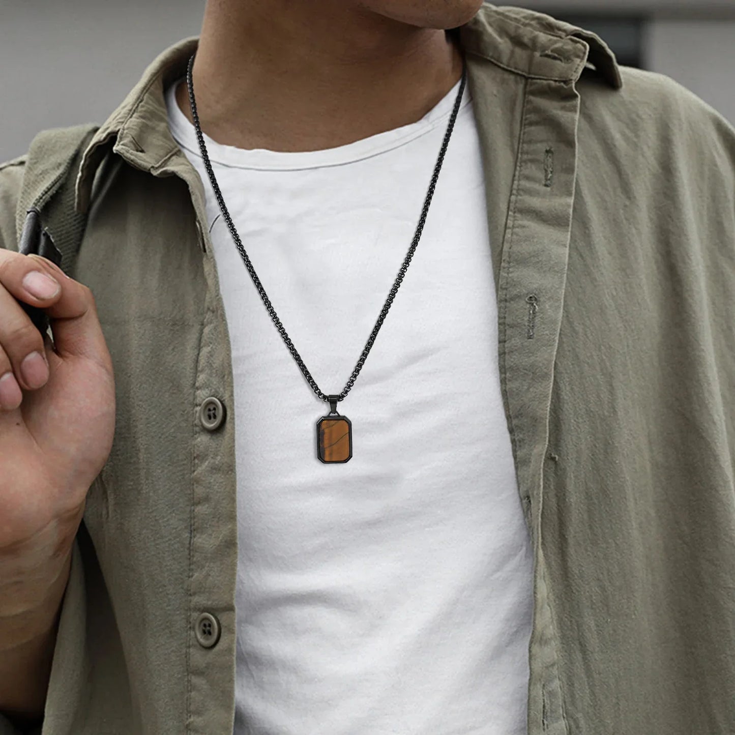 Trendy Pendant Necklaces for Men Boys,Square Natural Stone Stainless Steel Necklaces,Hip Hop Cool Healing Jewelry Gifts