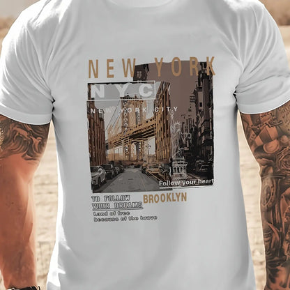 Men's 100% cotton summer loose fitting casual New York print round neck short sleeved T-shirt top O-neck Pactwork Casual T shirt