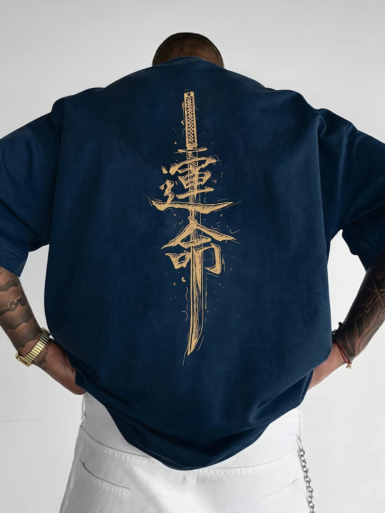 Men's summer 100% pure cotton fashionable casual loose Japanese samurai sword pattern printed round neck short sleeved T-shirt