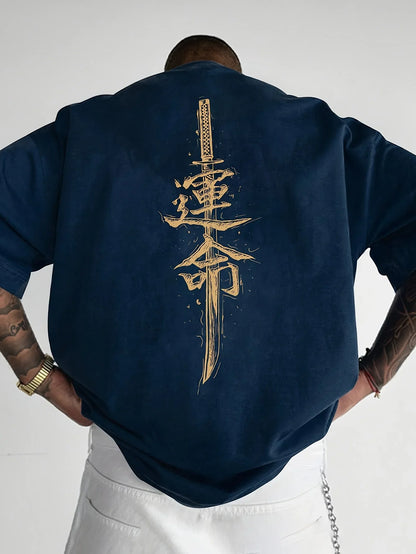 Men's summer 100% pure cotton fashionable casual loose Japanese samurai sword pattern printed round neck short sleeved T-shirt