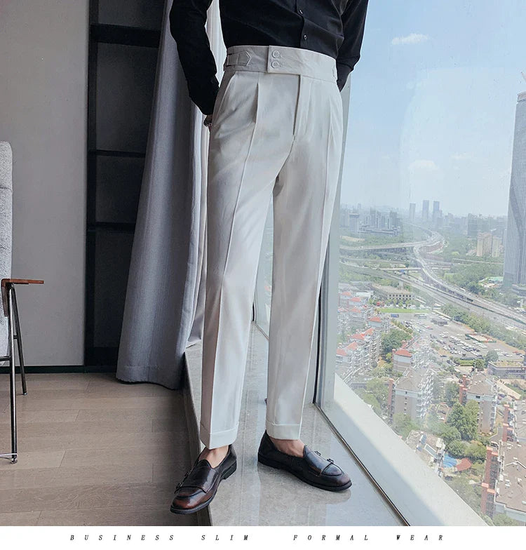 Men British Style Suits Pants New Male Solid High Waist Trousers High Quality Men Formal Slim Fit Business Casual Suit Pants
