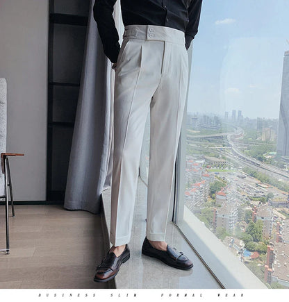 Men British Style Suits Pants New Male Solid High Waist Trousers High Quality Men Formal Slim Fit Business Casual Suit Pants