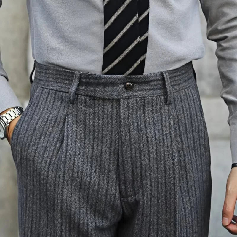 New Thick Style Stripes Herringbone Pattern Men's 2-Piece Suit Double-Breasted Slim Fit Jacket Trousers Vintage Braze Suit