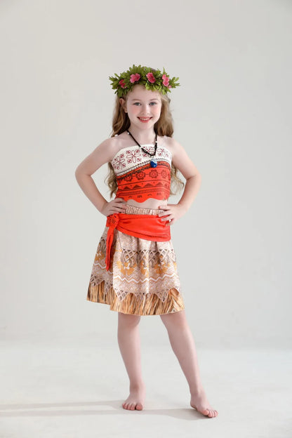 Moana Cosplay Dress For Girl New Little Girl Two Piece Suit Children Geometric Print Clothes Halloween Carnival Outfit Moana