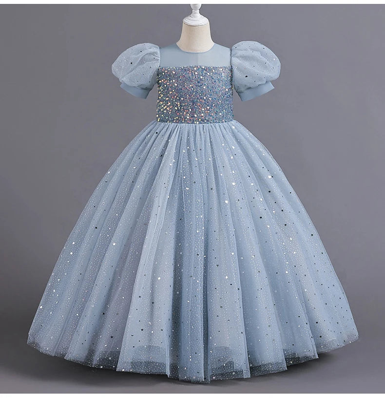 Children's Dress Girls' Princess Sequin Bubble Sleeve Long Mesh Flower Little Girl Wedding For Summer