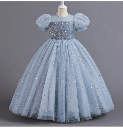 Children's Dress Girls' Princess Sequin Bubble Sleeve Long Mesh Flower Little Girl Wedding For Summer