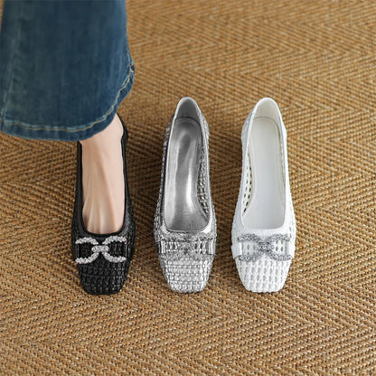 Women's genuine leather braided microfiber patchwork summer breathable pumps crystal buckle 4cm thick med heel daily dress shoes