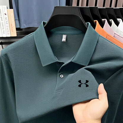 Men's brand polo shirt letter printed long sleeved top spring new 100% cotton casual sports breathable lapel fashionable T-shirt