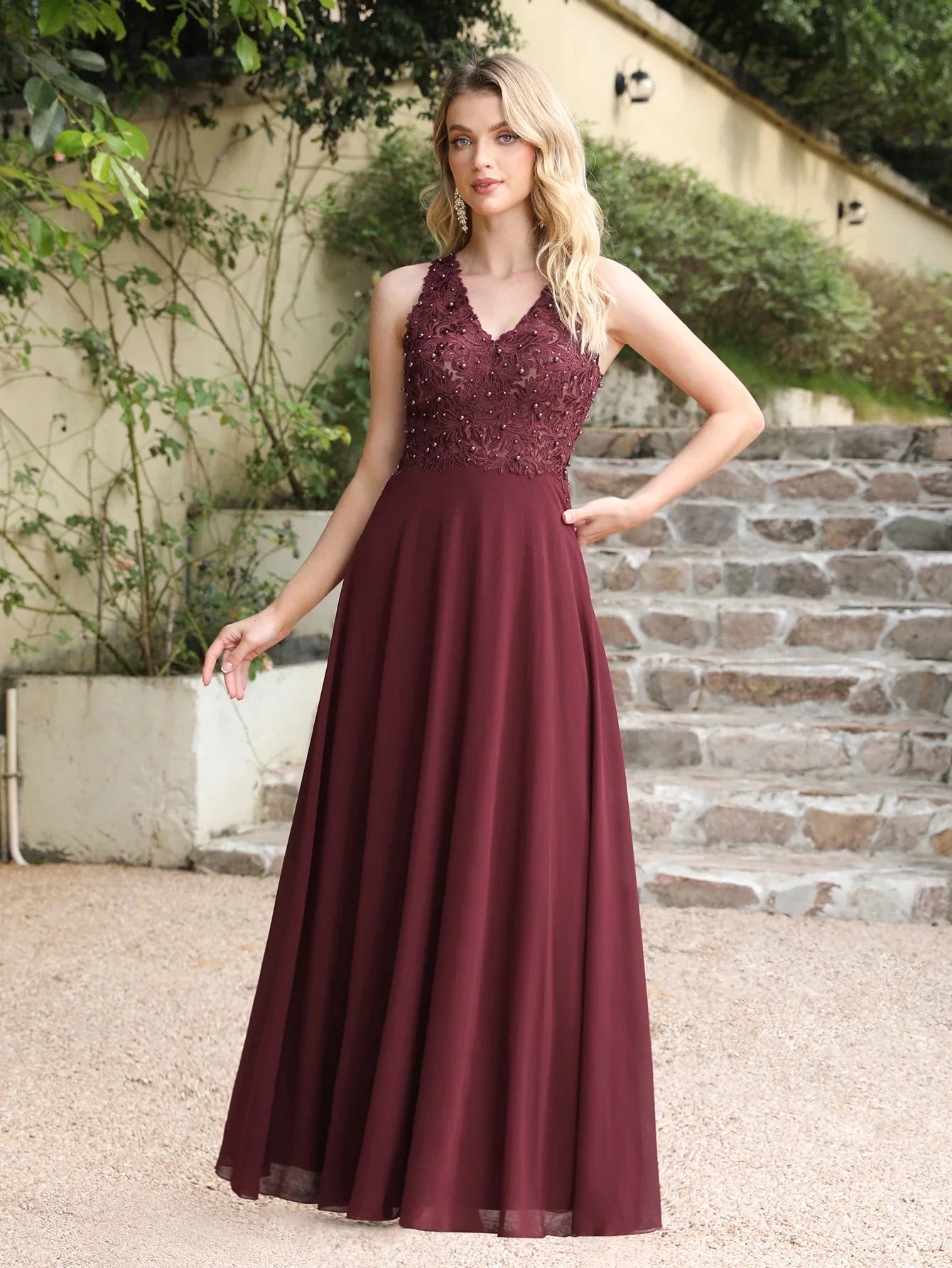 Dusty Pink Halter V-neck Lace Pearls Wedding Evening Dresses Long Dress Hollow Out Chiffon Elegant Party Dresses For Women 2024